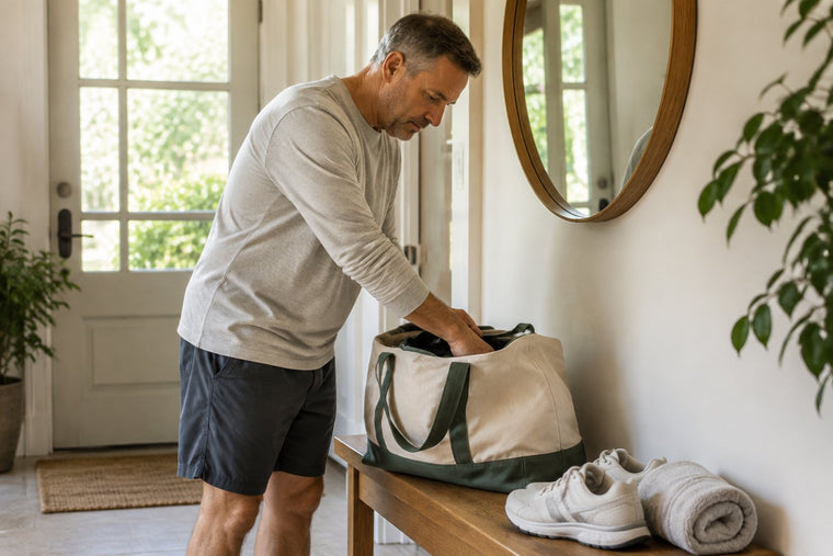 A man packing a gym bag on a bench by his front door