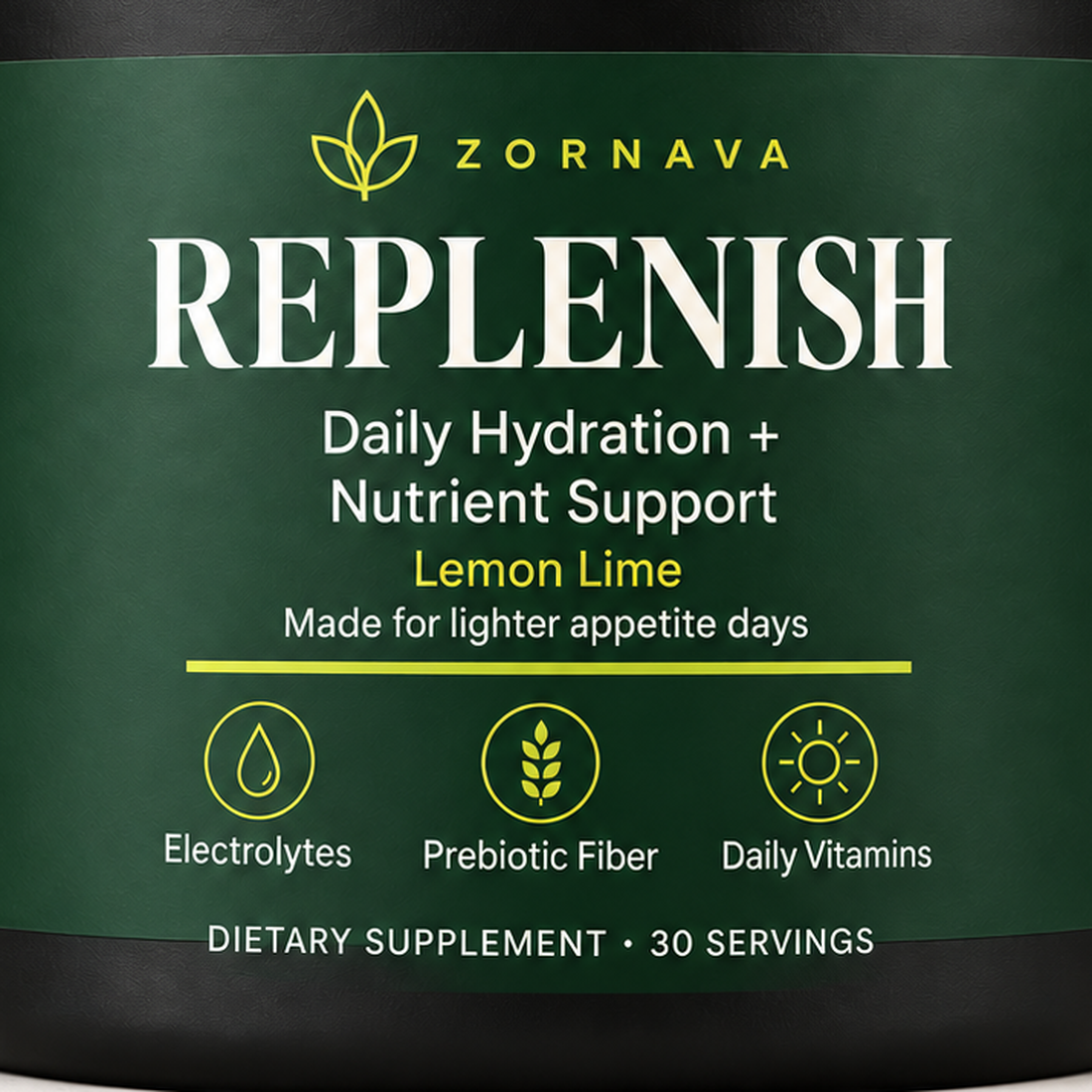Close-up of the Zornava Replenish label: Daily Hydration + Nutrient Support, Lemon Lime