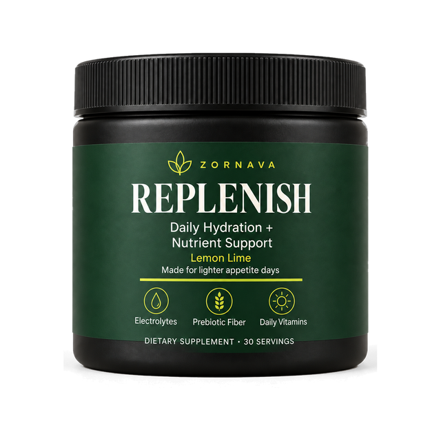 Zornava Replenish daily hydration and nutrient support powder, lemon lime, black jar with forest green label