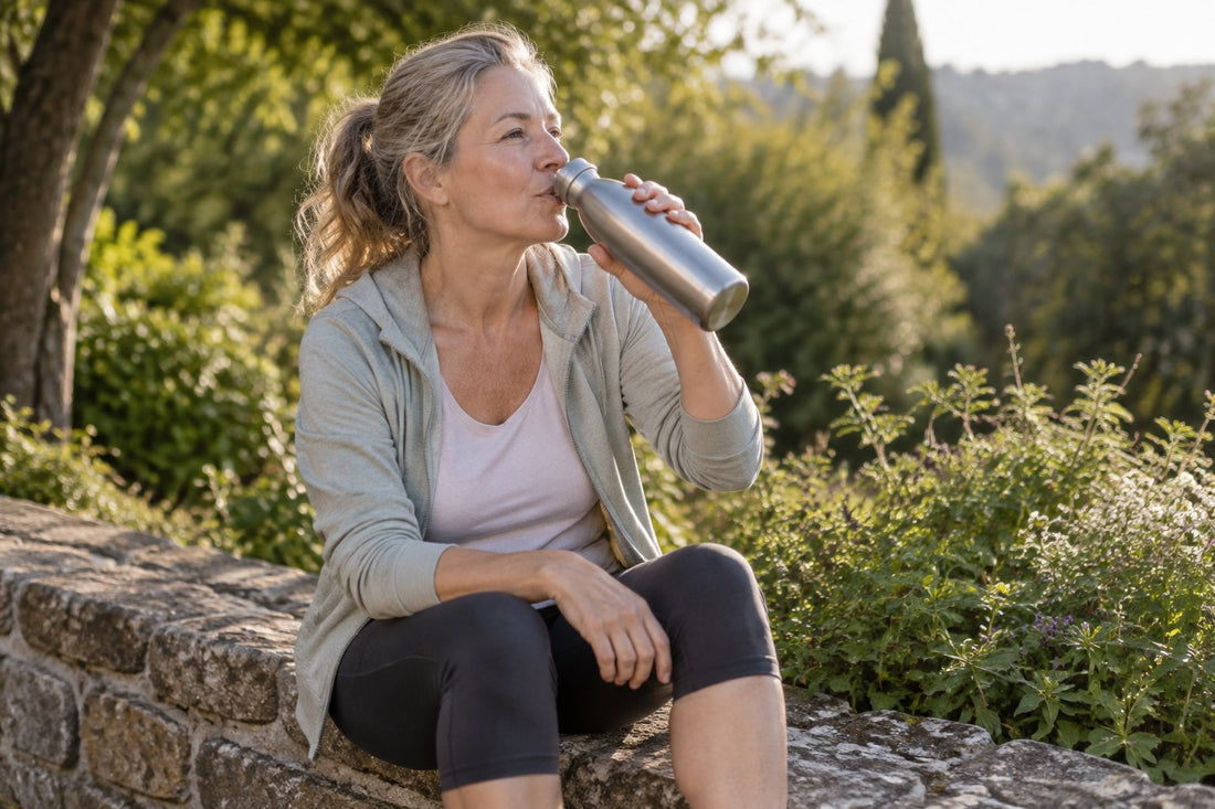 A woman sitting on a garden wall drinking from a steel bottle after a walk