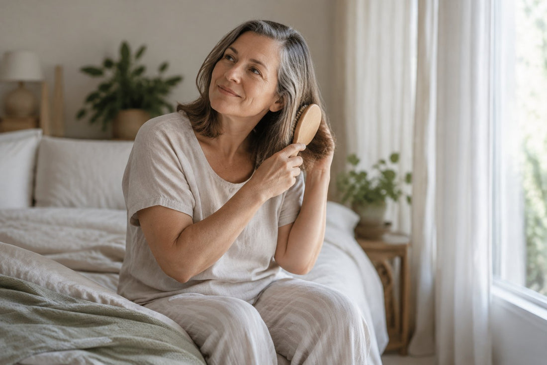 A woman sitting beside a bright window brushing her hair with a wooden brush