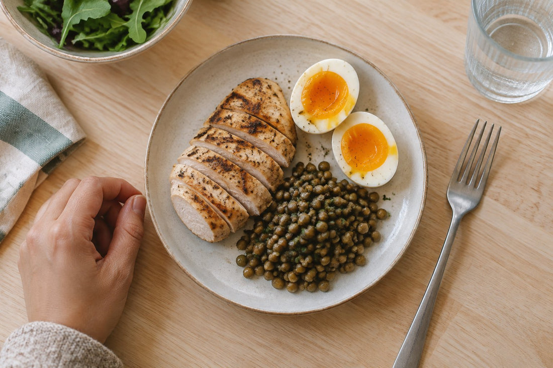 A small plate of chicken, egg and lentils on a wooden table