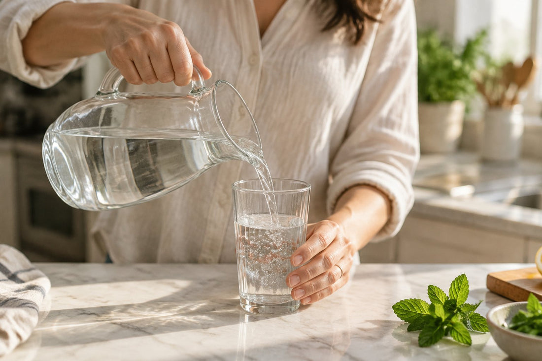Hands filling a tall glass with water from a jug at a sunlit counter