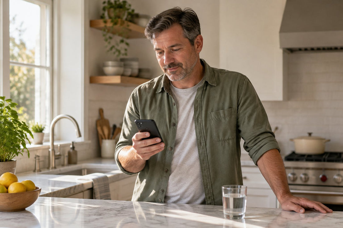 A man reading his phone at a sunlit kitchen counter with a glass of water