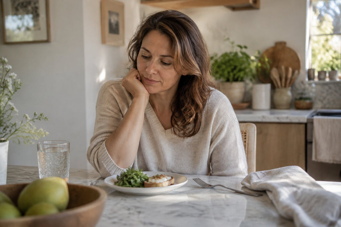 A woman resting her chin on her hand in front of a barely started plate of food