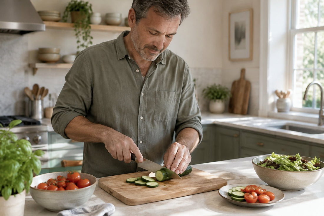 A man slicing cucumber on a wooden board at a kitchen counter