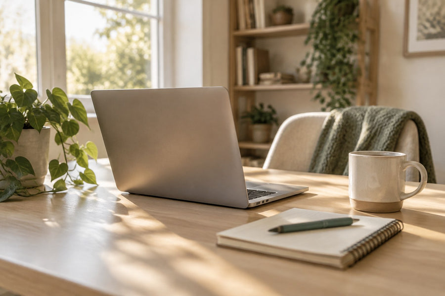 A desk by a window with a laptop, notebook and mug in afternoon light