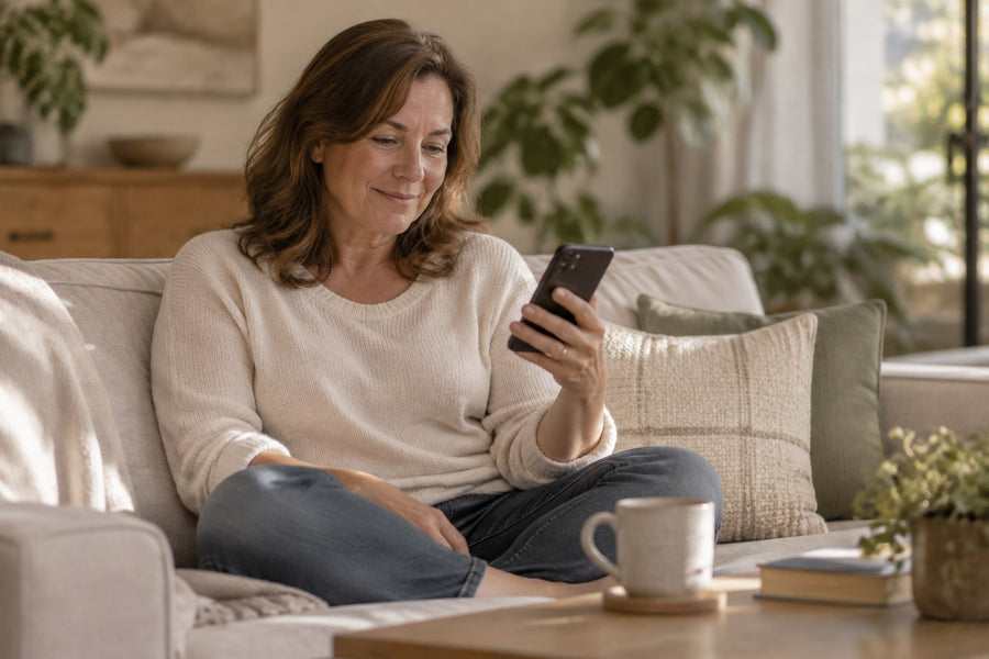 A woman reading her phone on a sofa in the afternoon
