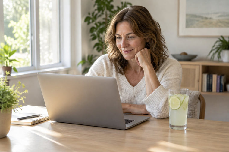 A woman working at a sunlit desk with a glass of lemon-lime drink beside her laptop