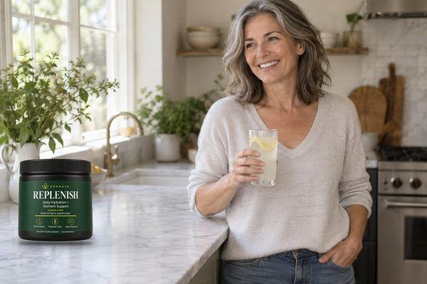 A woman standing at a sunlit kitchen counter holding a tall glass of lemon-lime drink, with a jar of Replenish on the counter