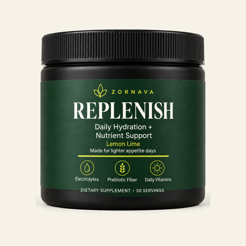 Zornava Replenish lemon-lime daily hydration and nutrient support powder, black jar with forest green label