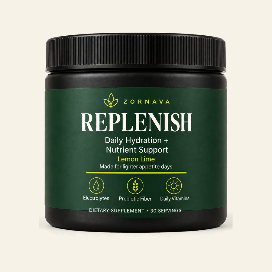 Zornava Replenish lemon-lime daily hydration and nutrient support powder, black jar with forest green label