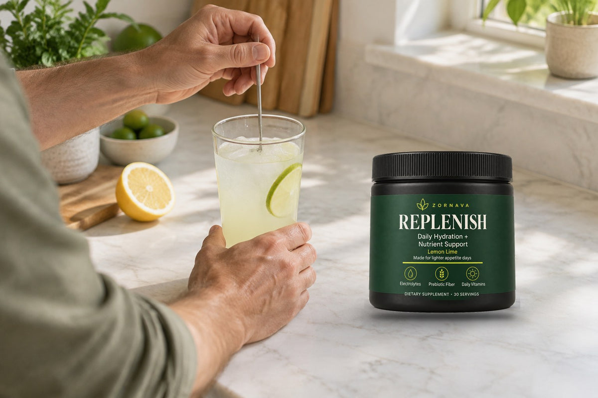 Hands stirring a tall glass of lemon-lime drink at a sunlit kitchen counter, with a jar of Replenish beside it