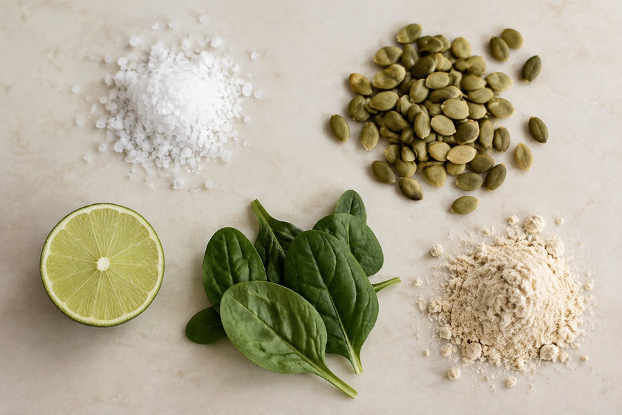 Small separate heaps of salt, seeds, lime, spinach and pale powder on a cream surface