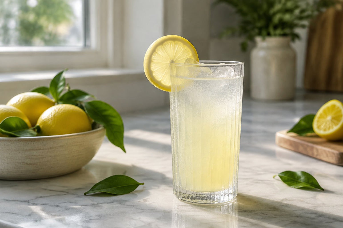 A tall glass of lemon-lime drink with a lemon wheel on a marble counter