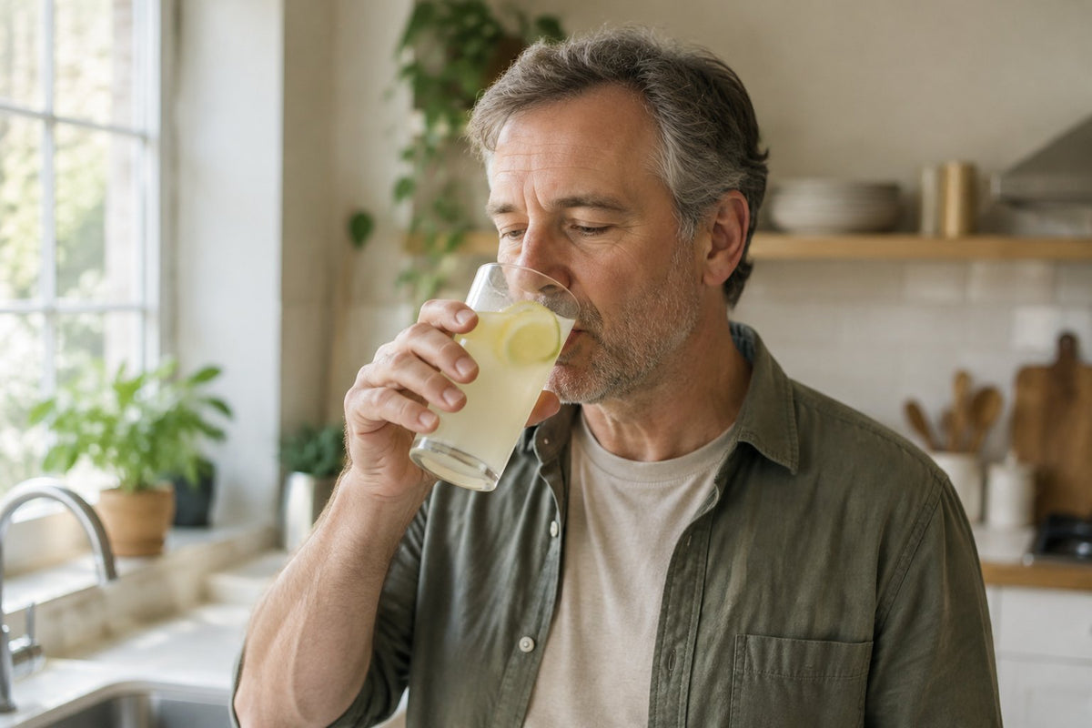 A man by a kitchen window taking a sip from a tall glass