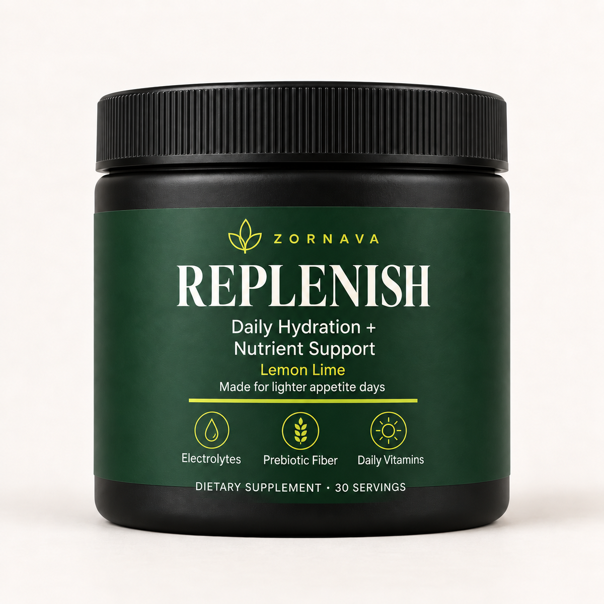 Zornava Replenish lemon-lime daily hydration and nutrient support powder, black jar with forest green label reading Electrolytes, Prebiotic Fiber, Daily Vitamins, 30 servings