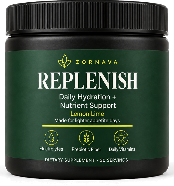 Zornava Replenish lemon-lime daily hydration and nutrient support powder, black jar with forest green label reading Electrolytes, Prebiotic Fiber, Daily Vitamins