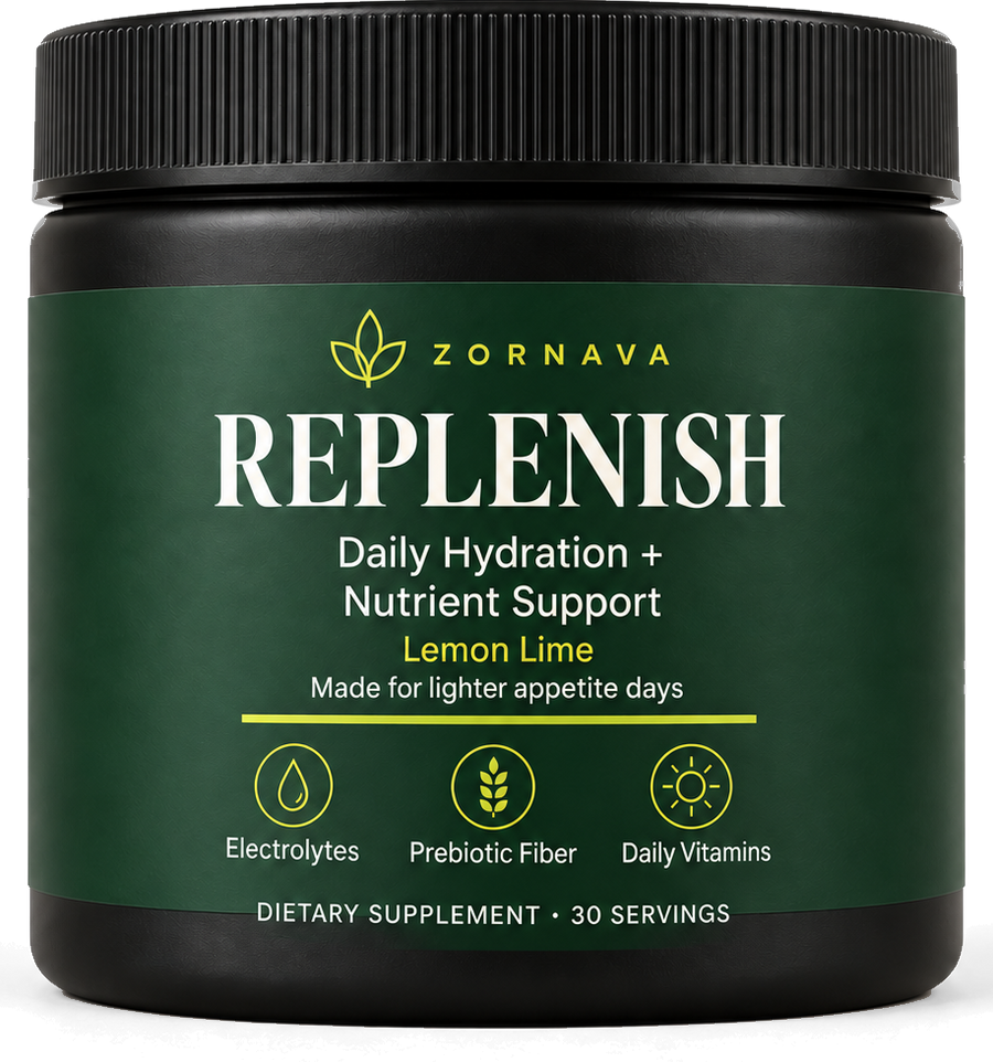 Zornava Replenish lemon-lime daily hydration and nutrient support powder, black jar with forest green label reading Electrolytes, Prebiotic Fiber, Daily Vitamins