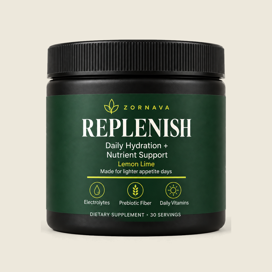 Zornava Replenish lemon-lime daily hydration and nutrient support powder, black jar with forest green label