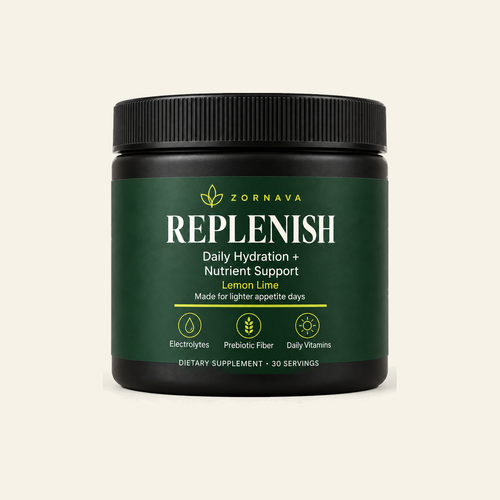 Zornava Replenish lemon-lime daily hydration and nutrient support powder, black jar with forest green label