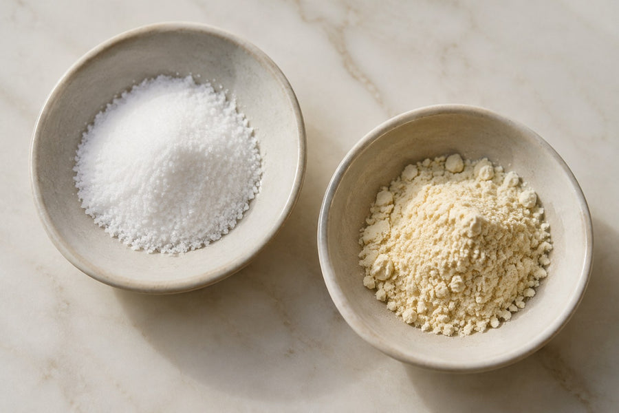 Two small dishes of fine powder on a cream surface